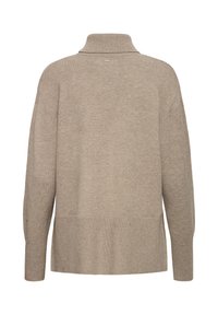 Pull en maille beige à manches longues avec col montant côtelé et large bord-côte à l'ourlet et aux poignets, montré de dos.