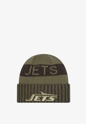 Knit beanie in olive green with dark brown horizontal stripes. Features "JETS" in contrasting colors and ribbed cuff for fitted look.
