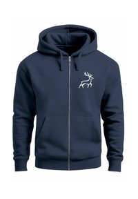 Navy zip-up hoodie made of soft fabric featuring a white line drawing of a deer on the left chest, with a front kangaroo pocket.