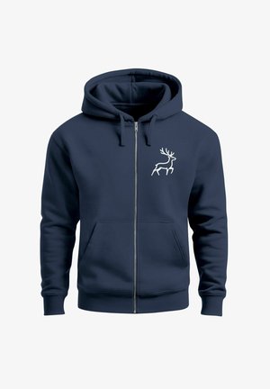 Navy zip-up hoodie made of soft fabric featuring a white line drawing of a deer on the left chest, with a front kangaroo pocket.