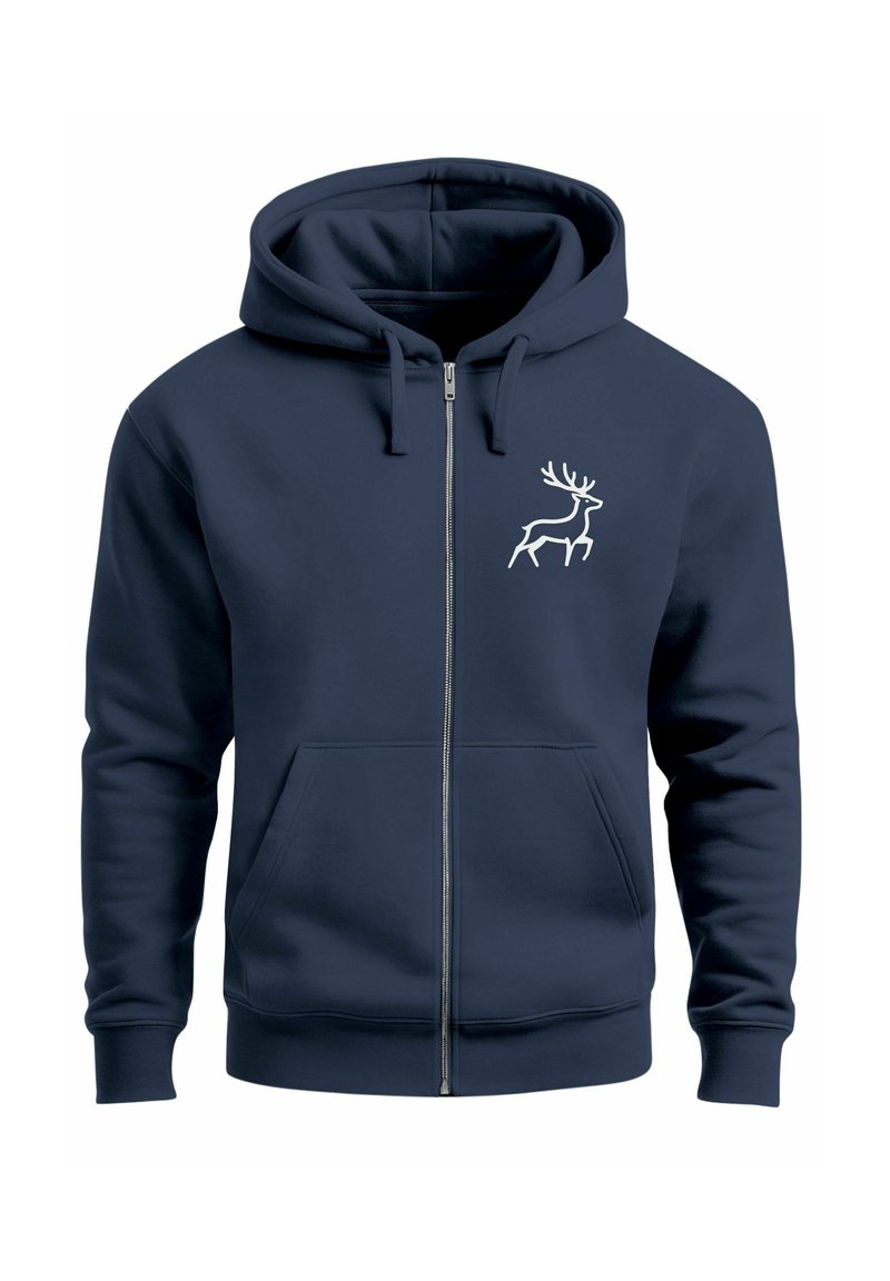 Navy zip-up hoodie made of soft fabric featuring a white line drawing of a deer on the left chest, with a front kangaroo pocket.