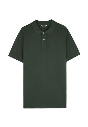 Polo de color verde oscuro hecho de algodón con cuello clásico, tapeta de tres botones y mangas cortas. Diseño minimalista sin patrones.
