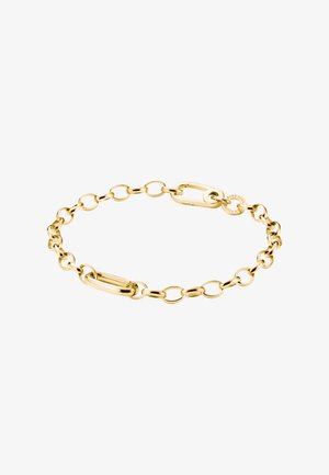 Feines Goldkettenarmband mit ovalen und runden Gliedern, versehen mit einem kleinen runden Anhänger in der Nähe des Verschlusses.