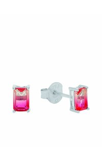 Pendientes de plata con piedras preciosas rectangulares en degradado de rosa a rojo en engastes de cuatro garras, mostrando vistas frontal y lateral.