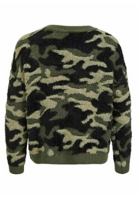 Texturerad, fluffig grön och svart kamouflage-tröja med rundad halsringning och ribbade manschetter. Lätt passform och mjukt material, som visar upp varierade mönster.