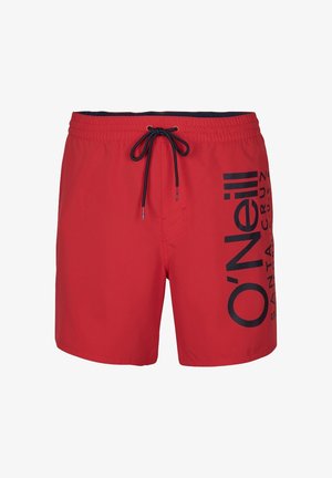 Røde svømmebukser laget av lettvektig stoff, med svart snor i livet og stor O'Neill-logo på venstre side.
