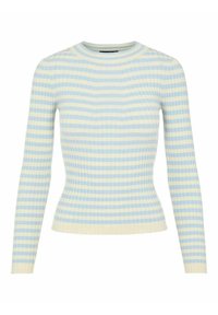 Žebrovaný svetr s dlouhými rukávy v světle modré a krémových pruzích. Má přiléhavý siluetu a kulatý výstřih. Měkká textura.