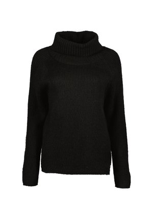 Pull à col roulé en tricot noir à manches longues avec col côtelé et tissu texturé, conçu pour la chaleur et un port décontracté.
