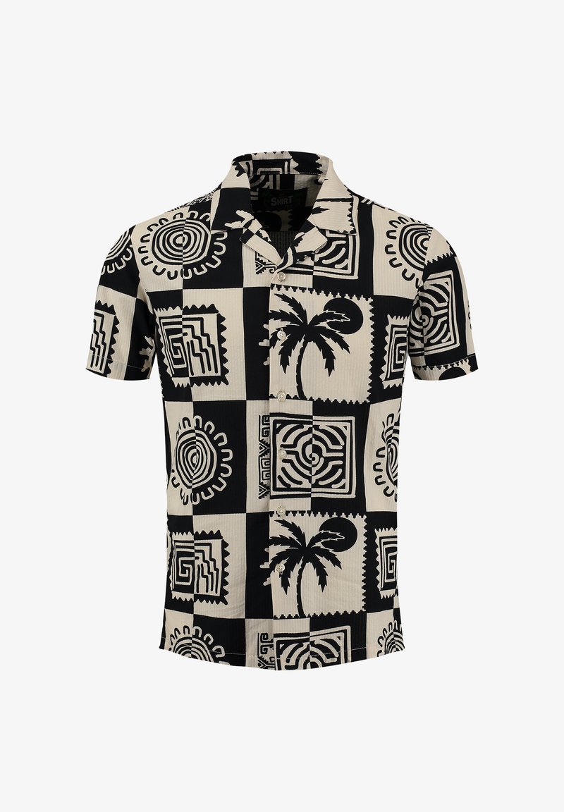 Koszulka z krótkim rękawem w beżowo-czarny wzór z geometrycznymi motywami, palmami i okrągłymi elementami. Zapięcie na guziki z przodu.