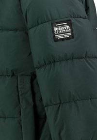 Grüne Steppdaunenjacke aus synthetischem Material mit einem Steppmuster und einem schwarzen Logo-Patch am Ärmel.