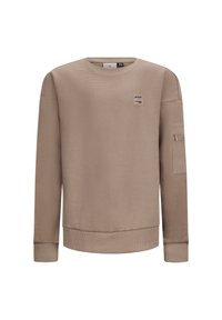 Beige sweatshirt van een gestructureerde, wafelstof, ronde halslijn, geribde manchet en een zijzak met rits. Kleine merklabel.