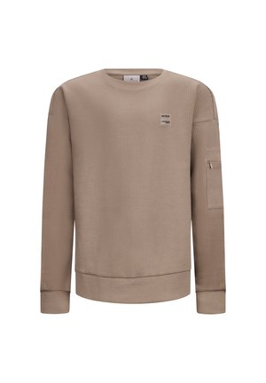 Beige sweatshirt van een gestructureerde, wafelstof, ronde halslijn, geribde manchet en een zijzak met rits. Kleine merklabel.