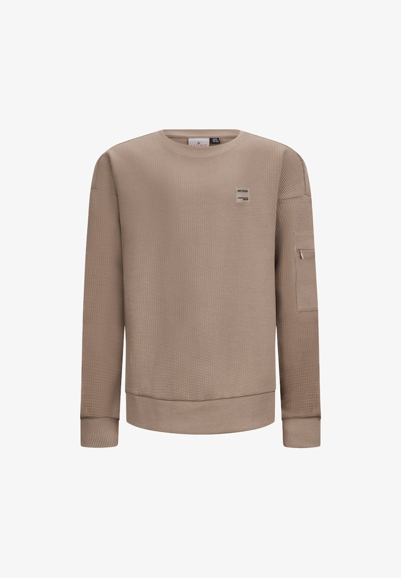 Beige Sweatshirt aus strukturiertem Waffelstrick, mit rundem Ausschnitt, Rippbündchen und einer Seitentasche mit Reißverschluss. Kleine Markenetikett.