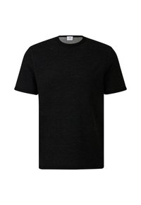 Sort T-shirt med korte ærmer lavet af tekstureret stof. Den har rund hals og kontrasterende sorte kanter ved kraven og ærmerne.