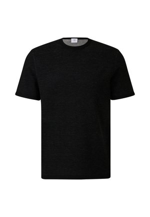 Black short-sleeve T-shirt made from textured fabric. Features a crew neck and contrasting black trim at the collar and sleeves.