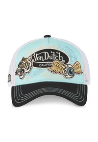 Casquette de baseball avec une partie frontale bleu menthe, visière noire et côtés en mesh blanc. Présente un design brodé de tigre, d'ailes et d'œil. Logo "Von Dutch" présent.