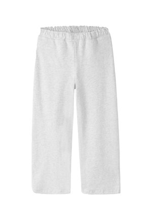 Pantalon large en mélange de coton gris clair avec une taille élastique et une texture douce, conçu pour le confort et la liberté de mouvement.