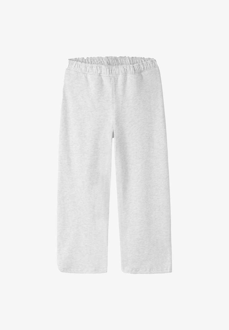 Lichtgrijze, katoenen brede broek van een katoenmix met een elastische tailleband en een zachte textuur, ontworpen voor comfort en bewegingsgemak.