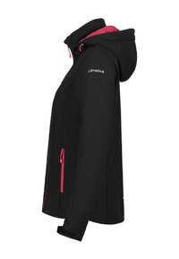 Veste softshell noire avec détails de fermeture éclair roses et capuche, vue de profil, avec un logo réfléchissant sur la manche supérieure.