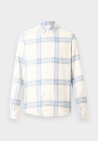 Hemd met knopen en ruitpatroon in lichtcrème met blauwe strepen. Voorzien van een kraag, borstzak en gerimpelde lange mouwen. Zachte textuur.