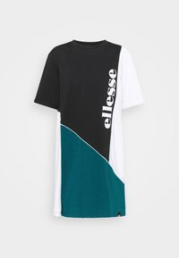 T-shirt à blocs de couleurs en noir, blanc et bleu sarcelle, fabriqué en tissu doux. Caractérisé par un col rond et un logo vertical blanc sur la partie noire.