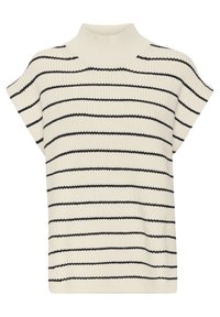 Pulover tricotat cu guler înalt în crem, având dungi orizontale negre. Mâneci scurte și largi și un material texturat. Design clasic și minimalist.