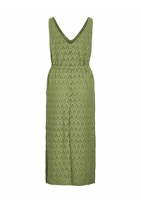 Grünes ärmelloses Kleid mit V-Ausschnitt, ausgeschnittenem dreieckigem Muster und einem taillierten Gürtel für eine figurbetonte Silhouette.