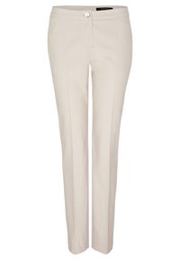 Cremfarbene maßgeschneiderte Hosen mit geradem Bein, Knopfverschluss und dezenter Stofftextur, entworfen für ein elegantes Erscheinungsbild.