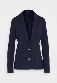 Námořnický blazer ze strečového materiálu s klopovým límcem, jednobarevným designem a dvěma zlatými knoflíky. Má dlouhé rukávy a přiléhavý střih.