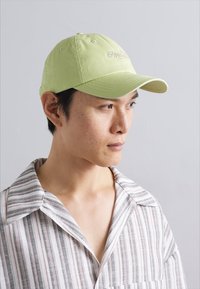 Light green cotton baseball cap with stitching details. Curved brim and embroidered logo on the front, worn with a striped shirt.