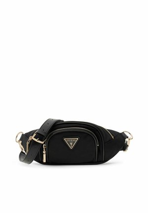 Czarna saszetka Guess z złotymi zamkami, regulowanym paskiem i trójkątną plakietką z logo na przedniej kieszeni.