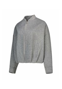 Giacca grigia con zip, colletto alto, maniche lunghe, tasche laterali e vestibilità rilassata.