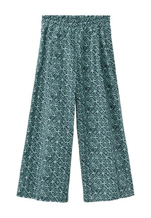Loose-fitting, wide-leg pants with dark green and light blue circular geometric pattern and elastic waistband.
