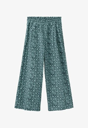 Pantaloni larghi a gamba larga con motivo geometrico circolare verde scuro e azzurro chiaro e vita elasticizzata.