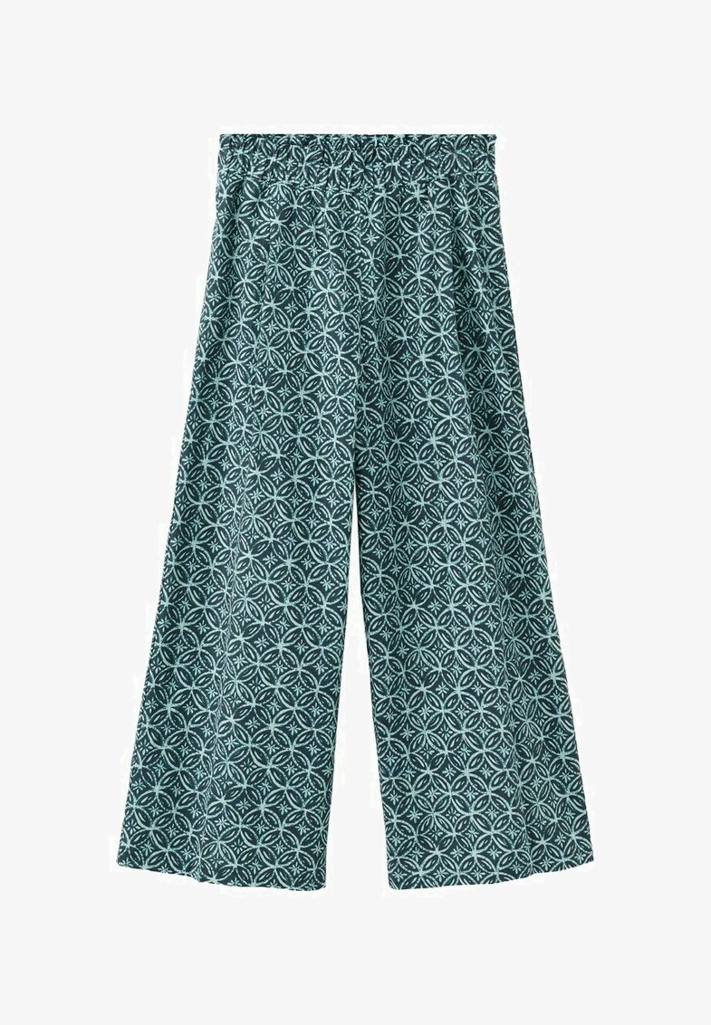 Loose-fitting, wide-leg pants with dark green and light blue circular geometric pattern and elastic waistband.