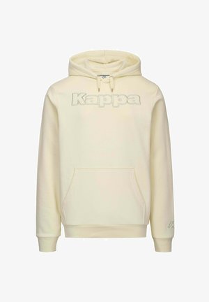 Felpa con cappuccio color crema con tasca a marsupio, cappuccio con coulisse e logo "Kappa" ricamato sul petto. Tessuto morbido, vestibilità casual.