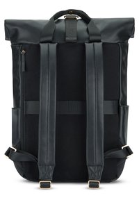 Black roll-top backpack with synthetic leather and fabric material. Features adjustable straps, a top handle, and gold-tone hardware accents.