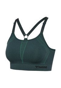 Dunkelgrüner Sport-BH aus strukturiertem Stoff. Merkmale ein Racerback-Design, verstärkte Nähte und ein Logo unten links.
