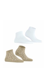 Twee sets enkelsokken: één paar volledig wit, het andere beige met een patroon van kleine witte en roze stippen. Zachte gebreide textuur, geribbelde boorden.