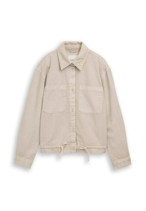 Beige Knopfleistejacke mit Kragen, langen Ärmeln, zwei aufgesetzten Taschen vorne und verstellbarem Kordelzug am Saum.