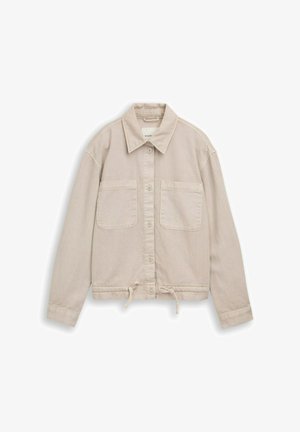 Beige Knopfleistejacke mit Kragen, langen Ärmeln, zwei aufgesetzten Taschen vorne und verstellbarem Kordelzug am Saum.