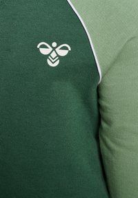 Pull vert avec une texture côtelée, un design en blocs de couleurs avec une épaule verte plus claire et un logo de abeille blanche sur la poitrine.