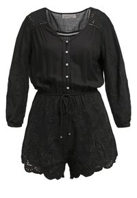 Combinaison noire à manches longues avec boutons sur le devant, taille à cordon et détails en dentelle florale brodée sur les manches et l'ourlet du short.
