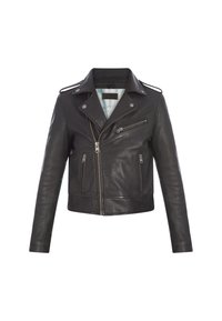 Black leather biker jacket with asymmetrical zipper, lapel collar, two front pockets, and quilted interior lining. Hem hits at waist.