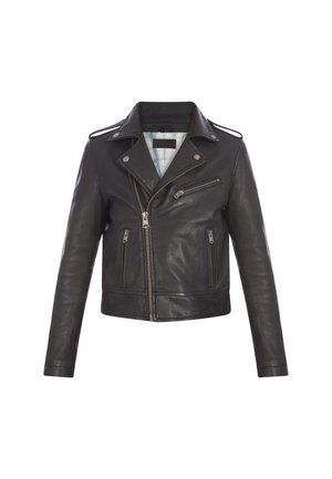 Giacca da biker in pelle nera con zip asimmetrica, colletto a risvolto, due tasche frontali e rivestimento interno trapuntato. Orlo arriva alla vita.