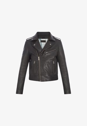 Sort læder bikerjakke med asymmetrisk lynlås, reverskrave, to forlommer og quiltet inderside. Nederkanten når til taljen.