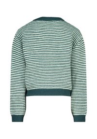 Maglione corto a righe in verde e crema, con texture a maglia, collo rotondo, polsini e orlo a costine. Presenta righe orizzontali alternate.