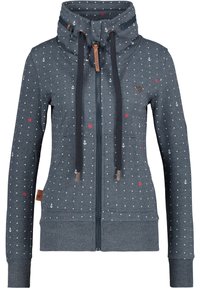 Felpa grigia con zip, decorata con un motivo a pois e piccoli ancore, oltre a fiori rossi, con colletto alto e dettagli in pelle marrone.