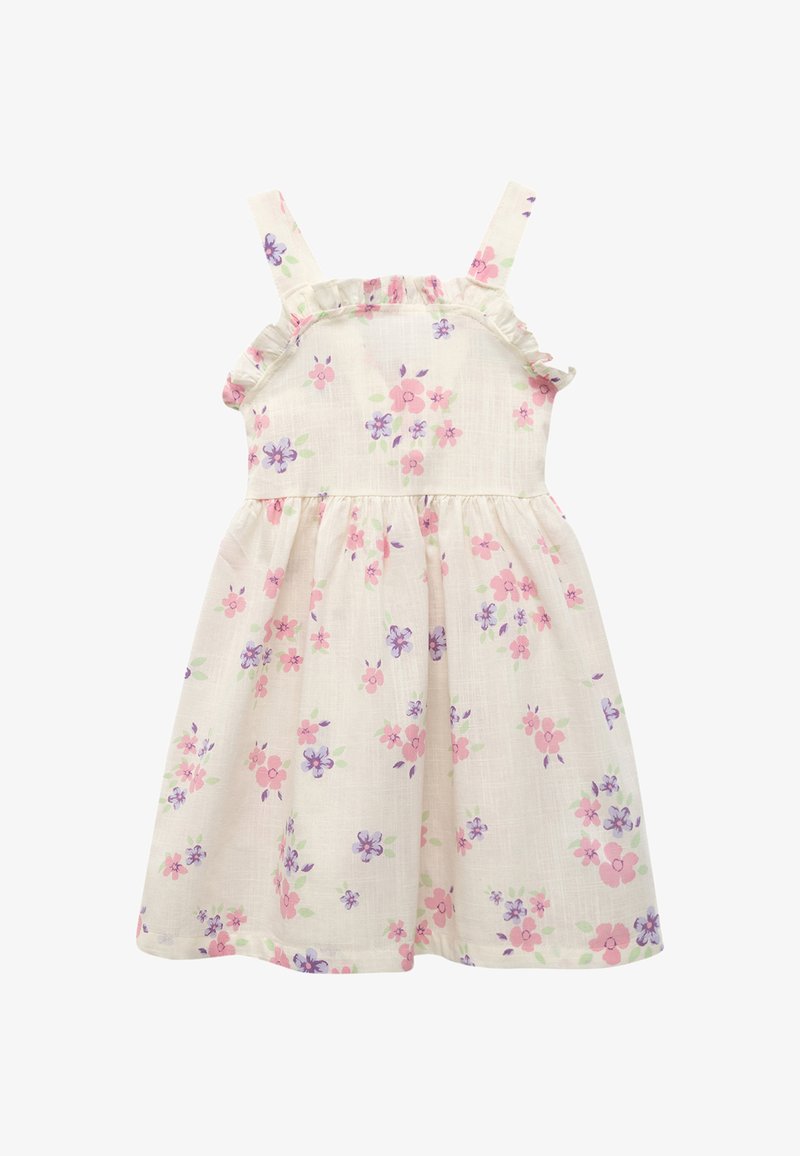 Kwiatowa sukienka z lekkiego materiału z różowymi i fioletowymi kwiatami. Falbaniaste ramiączka, dopasowana góra i marszczona spódnica zapewniająca swobodny krój.