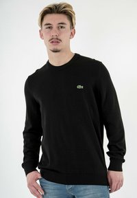 Maglione nero a maglia con maniche lunghe e scollatura a girocollo, caratterizzato da un piccolo logo ricamato verde sul lato sinistro del petto.
